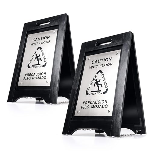 Wholesale Hotel Products Premium Wooden Caution Wet Floor Sign – Bilingual w-Non-Skid Plastic Feet – For Hotels, Schools, Offices, Areas, Restrooms, Pool Decks & Shops - Black - (2 Pack)