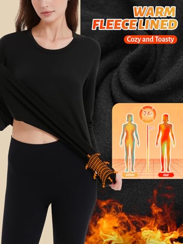 Soudittur Thermal Underwear Womens, Fleece Lined Thermal Tops Long Sleeve Undershirt Warm Winter Base Layers Shirt(S, Black) - Image 3