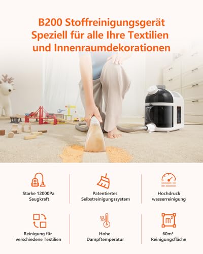 Uwant B200, Polsterreiniger Gerät, 1900W | Dampft, Schrubbt und Saugt | Für Teppiche, Sofas, Vorhänge, Kleidung | 74DB, 12000Pa