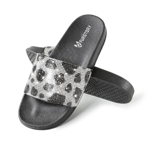 Image of Fur Story Womens Slides House Slippers Rhinestone Glitter Slides Cute bling Flat for Women Platform Sandals Cozy Bedroom Slippers Shower Shoes