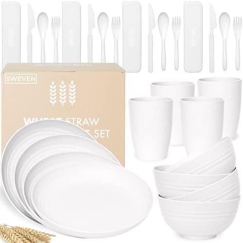 Wheat Straw Dinnerware Sets (28 pcs) | Unbreakable Dinnerware Sets | Dishwasher Microwave Safe Dinnerware | Eco Friendly Non Breakable Dinnerware Sets | Plates, Bowls, Cups, Cutlery (White)