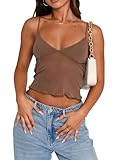 Women Spaghetti Strap Camisoles Summer Crop Tops Lace Trim V-Neck Sleeveless Backless Tank Tops Summer Vests (Z-Sheer Brown, S)