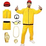 Diseño de estilo hip-hop: accesorios como la gorra roja, las joyas doradas y las gafas de sol amarillas con montura negra complementan el conjunto amarillo. Desde trajes llamativos hasta detalles intrincados, este atuendo encarna completamente el estilo hip-hop, lo que te convierte en el centro de atención en cualquier fiesta.