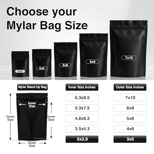Image of BELLE KR 3x5 Small Black Mylar Bags for Freeze Dried Candy - Pack Of 100-4.72 Mil Thick - Resealable Bags for Small Business with See Through Window for Freeze Drying