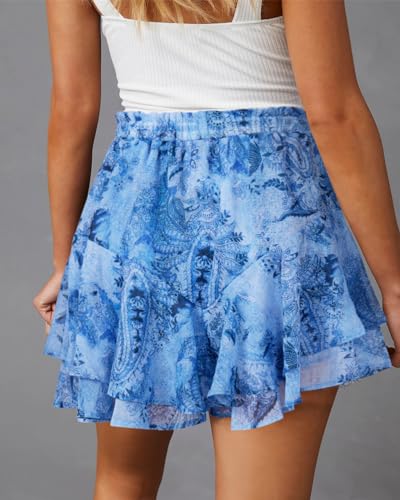 Aoudery Flowy Shorts for Women Casual Boho Floral Skorts Ruffle Mini Skirts Running Tennis Butterfly Chiffon Shorts - Blue Paisley S