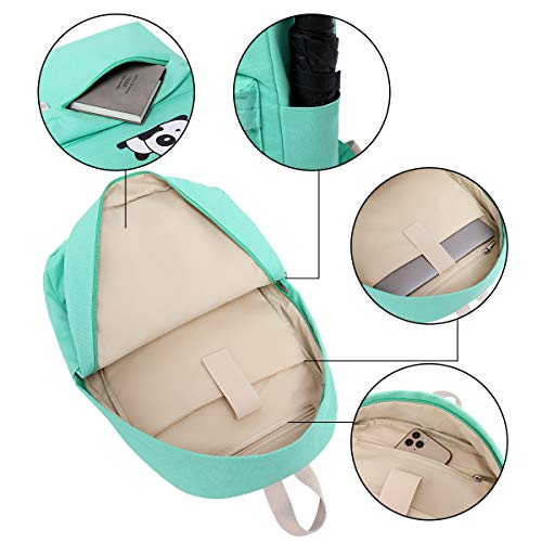 e-youth 3Pcs Cute Panda Backpacks Set for Teenage Girls Boys Lightweight Casual Canvas School Backpack (Green)4