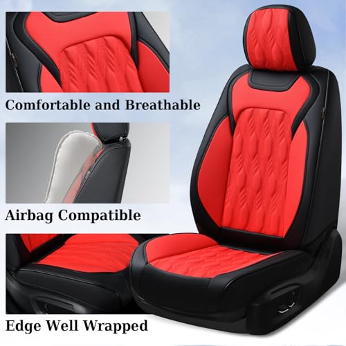 Image of Coverado Car Seat Cover Full Set, Luxury Leather Seat Covers for Front and Rear, Waterproof Seat Covers Auto Seat Cover 5 Seats, Car Seat Protectors Driver Seat Covers Universal for Most Vehicles, Red