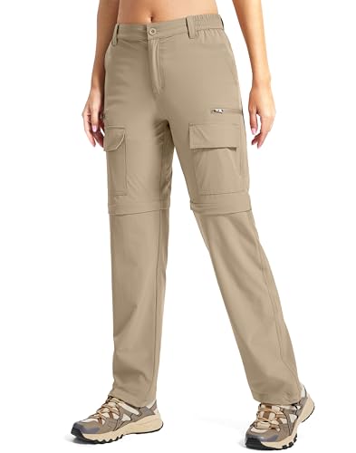 Women's Hiking Pants Convertible Lightweight Quick Dry Stretch Zip Off 7 Pockets Outdoor Travel Cargo Pants Khaki 10