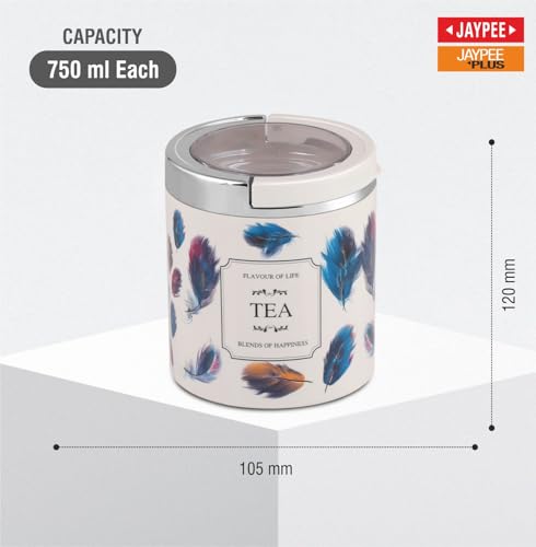 Image of Jaypee Plus Classique 2 Tea Coffee Sugar Storage Container Set 750 ml Airtight Plastic canisters Tea containers for kitchen | Silicon rubber lock Stackable glossy finish transparent Lid, Ivory Multi
