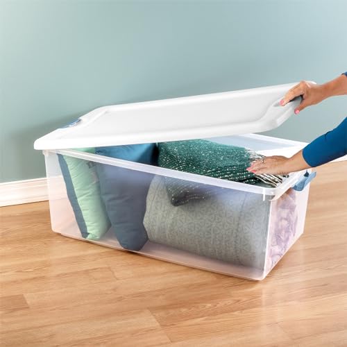 Image of Sterilite 106 Quart Latching Box, Clear Plastic Storage, White, 6 Pack | Heavy-Duty and Stackable Plastic Containers with Latches for Closet, Cabinet, Bedroom, Bathroom and Dorm Room Organization