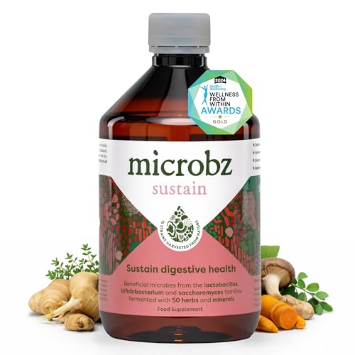 MICROBZ Sustain Liquid Probiotics for Gut Health – Award-Winning Probiotic Supplement with 15 Strains & Fermented Herbs for Bloating –Gluten Free & Vegan Probiotic for Women & Men - 31 Servings