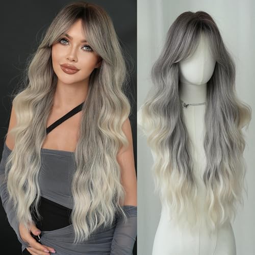 7JHH WIGS 30in Grey Ombre Long Wavy Wig with Curtain Bangs