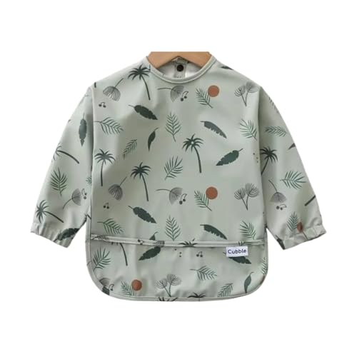 Cubble Waterproof Coverall Baby Feeding Bibs for Mealtimes and Messy Play Adjustable, Baby Weaning (Tropical Leaves, Medium (12-36M))