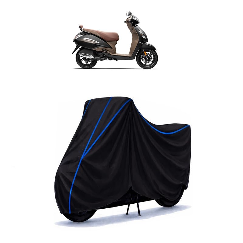 Image of Scooty Cover Water Resistant for Jupiter Grande | Universal Scooter & Bike Cover | Heavy Duty UV Dust, Rain & Scratch Protection | Elastic Fit All Weather Indoor Outdoor | Black with Blue Piping