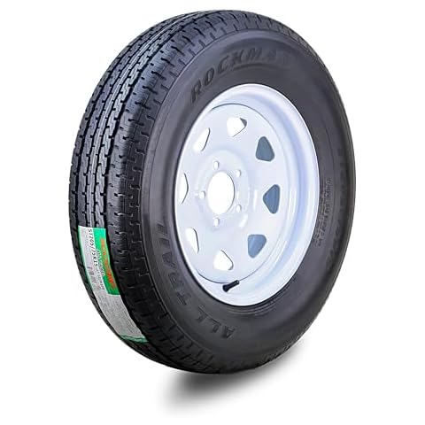 ROCKMAN Trailer Tire Wheel Assembly ST205/75R15 8-Ply D 107M 5 Lug on 5" PCD White Spoke Rim Cover