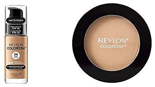 Revlon Colorstay Foundation for Combination/Oily Skin, 340 Early Tan (Packaging May Vary) with Revlon ColorStay Pressed Powder - 8.4 g, N04 Medium