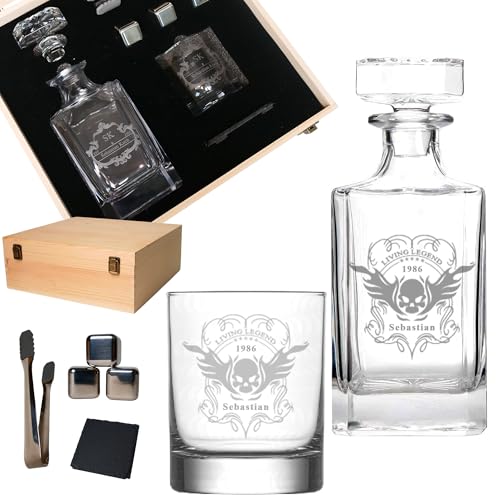 LOOXIS Personalisiertes Whisky Geschenkset mit Namen & Motiv graviert -1x 300ml Whiskyglas, 700ml Karaffe, 1x Edelstahleiswürfel- Geschenkidee Männer, Vatertag, Weihnachten - Geschenkset 1, Motiv 2