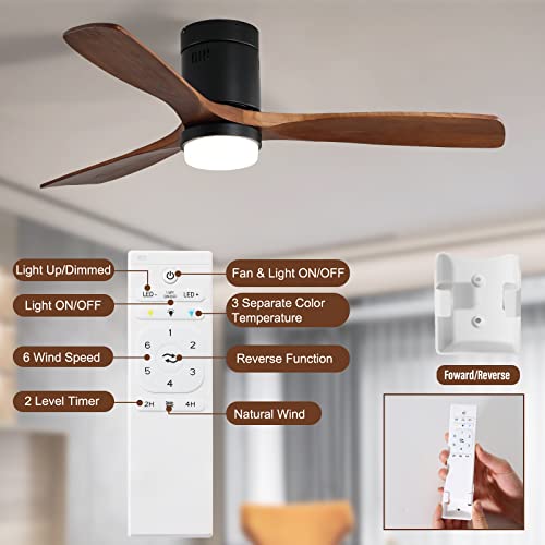 Sofucor Flush Mount Ceiling Fan, Outdoor Ceiling Fans For Patios With Light, 3 Blade Walnut Wood Remote Control Low Profile Ceiling Fans, Reversible 6 Speed Dc Motor With Dimmer Timer For Indoor #TOP4