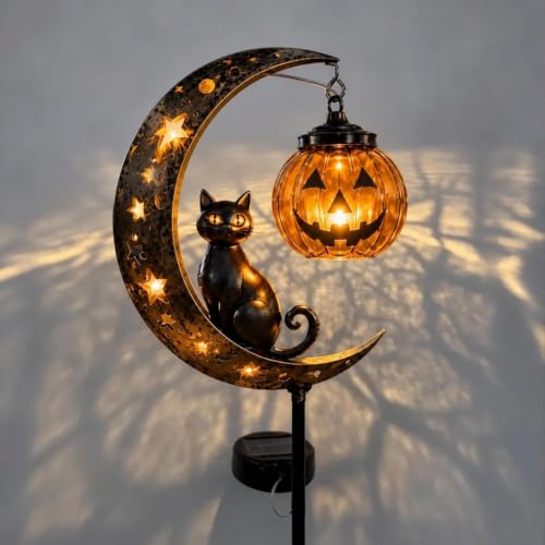 Linterna LED cálida solar con silueta de calabaza metálica 7