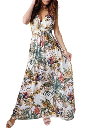 Yutdeng Kleid Damen Sommer Lang Trägerkleid Sommerkleid Lang V Ausschnitt Blumenmuster Rückenfrei Ärmellos Maxi Kleider Boho Strandkleid...