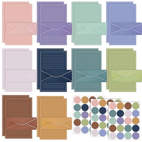 TaoBary 160 Packs Stationery Paper Set (50 Double Sided Stationery Writing Papers 50 Matching Envelopes) 60 Round Dot Sticker, 10 Design(11 x 8.5 Inch,Morandi Color)