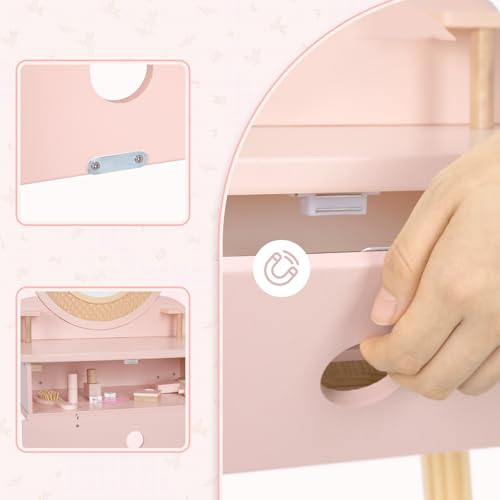 OOOK Schminktisch Kinder, Kinderschminktisch mit Hocker und Spiegel, Mädchen Frisiertisch aus Holz, Kinder Schminktisch für Mädchen ab 3 Jahre, Rosa