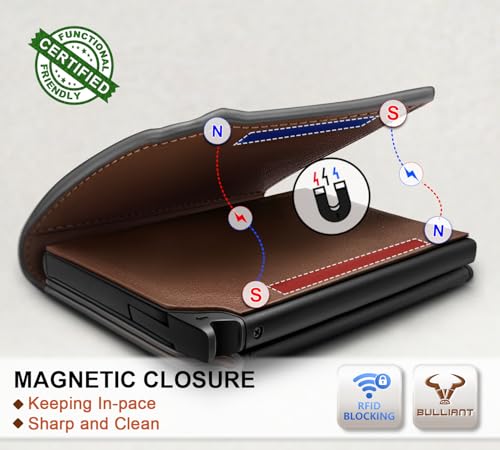 Image of BULLIANT Men Wallet Leather Wallet Card Holders Money Clip for Men 10Cards-Magnetic Flip on Metal Case