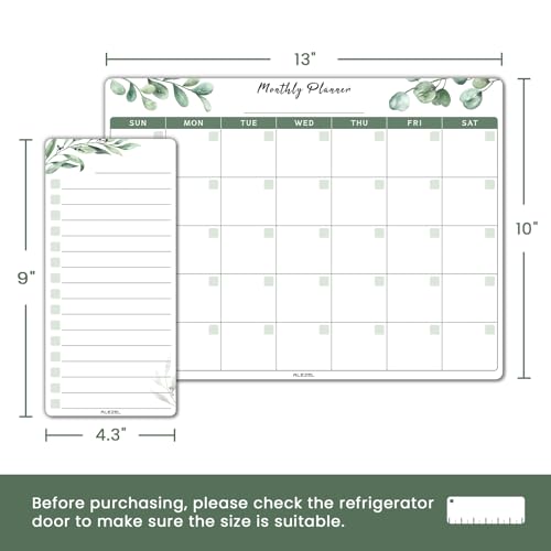 ALEZEL Magnetic Dry Erase Calendar for Fridge, Refrigerator Calendar Whiteboard Set - Magnetic Dry Erase Monthly Planner with 2 List Boards, 4 Markers + Eraser, Greenery
