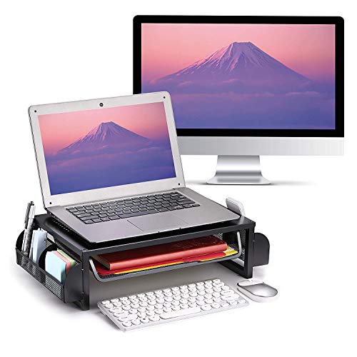 Auledio Metal Desk Monitor Stand Riser, Desktop Organizer Printer Stand Holder with Pull Out Storage Drawer and Side Compartments Pockets for Computer, Laptop, iMac, Pens, Phones, Calculators