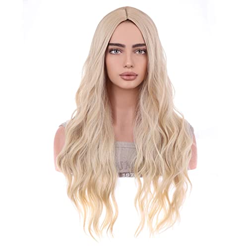 MAGQOO Blonde Wig for Women Girls Long Curly Wavy Blonde Wig Middle Part Heat Resistant Hight Density Synthetic