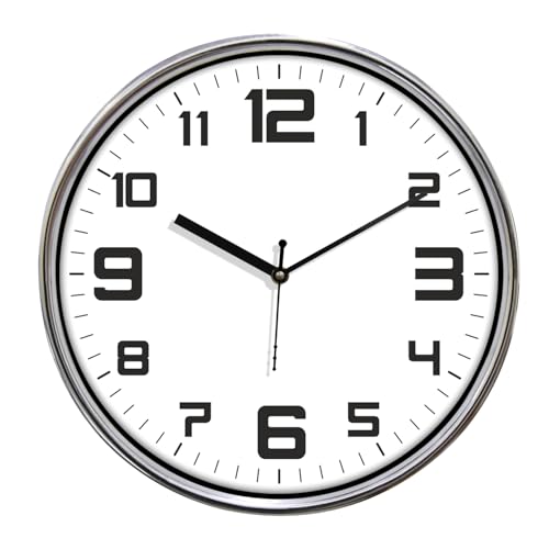 Amazon Brand - Solimo Dual Ring Metallic Analog Wall Clock, Silent Sweep, Bold Numbers (12 Inches, White and Silver)