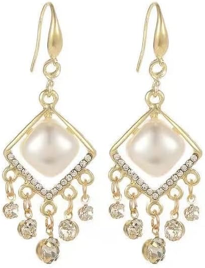 18K Gold Plated Elegant Gold-Tone Dangle Earrings with Faux Pearl Center and Cubic Zirconia – Statement Vintage Chandelier Style for Women