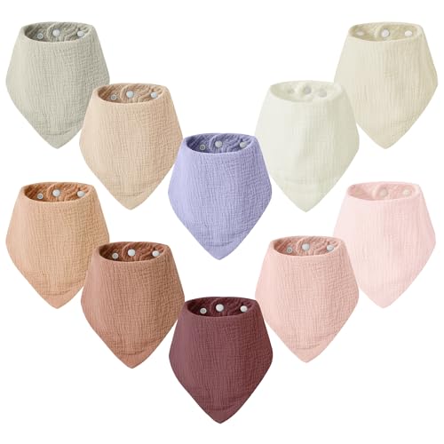 JELLYMONI Muslin Baby Bibs 10 Pack Drool Bibs for Unisex Baby, Soft Absorbent Bandana Bibs Adjustable Snaps Solid Colors Teething Bibs for Newborn Girls & Boys