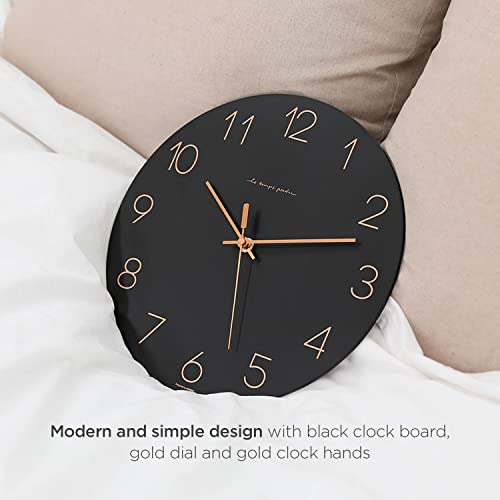 Image of mooas Flatwood Wall Clock (Black),12 inch Non-Ticking Sweep Movement | Decorative Modern Battery Operated Decorative Wall Clock for Home Living Room Kitchen Bedroom Office School Cafe Hotel