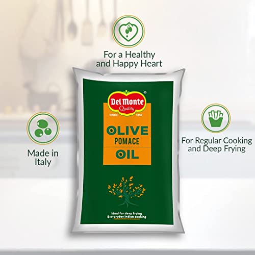 Image of Del Monte Pomace Olive Oil (Imported) | All purpose cooking oil for everyday Indian cooking | Ideal for deep frying, roasting, baking | High MUFA & Low in Saturated Fat | 1L Pouch (Pack of 3)