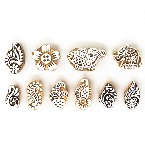 Image of Wooden Stamp Block, Printing Stamp Design Set | Block for Printing Saree Border | Dresses, Craft Card Making, Scrapbook, Clay Pottery | Set of 10