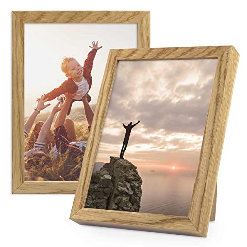 PHOTOLINI 2er Set Holzrahmen Eiche 13x18 cm Massivholz mit Acrylglasscheibe und Zubehör | Holz-Bilderrahmen Schmal Cover