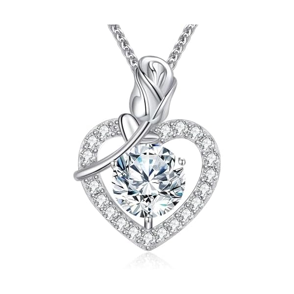 Rose Heart Pendant Necklace Gifts for Wife, 2-4 Carat Moissanite Heart Necklace Engraved with 'I LOVE YOU', Ideal Anniversary Present or Birthday Jewelry Gifts for Mom Wife Her Girlfriend