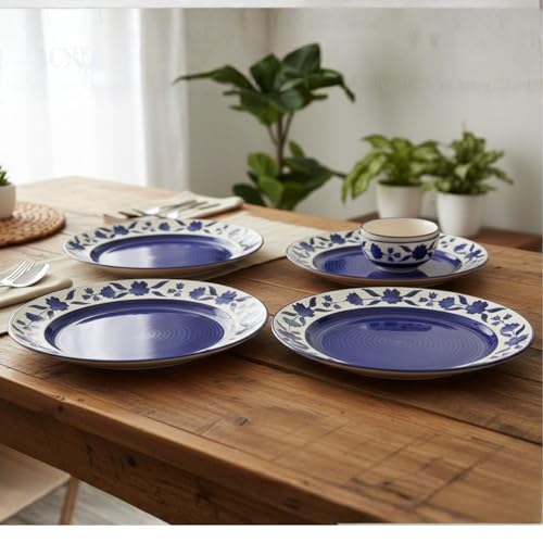 Image of Freakway Hand-Painted Floral Ceramic Dinner Set of 12 Pcs | 6 Ceramic Dinner Plate and 6 Bowl /katori | Bone Ash Free | Microwave and Dishwasher Safe - Blue