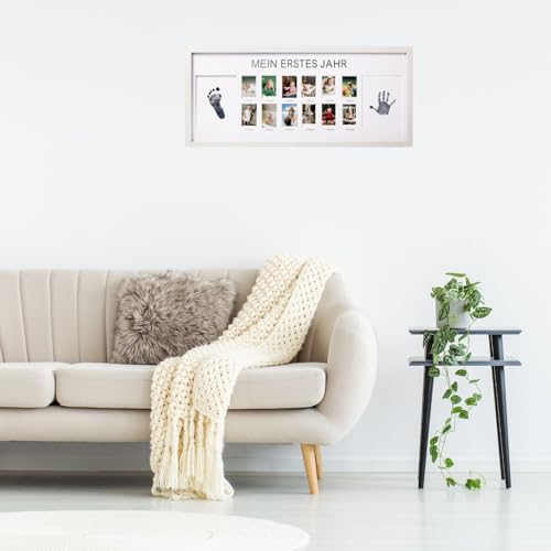 CJ&M 20 x 50 cm Baby Bilderrahmen Mein erstes Jahr,Baby Meilensteinfotorahmen Holz,Erinnerungsfotorahmen für das erste Jahr | Monatsfotos 1–12 | Geschenk zur Geburt & Taufe,Geburtstagsdeko.