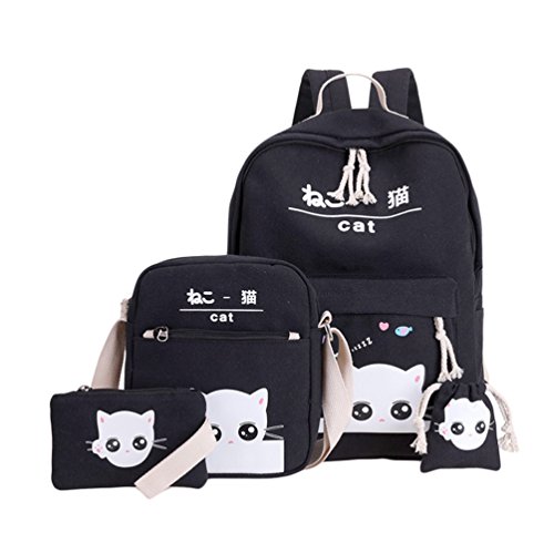 Xinwcang 4 Set Leinwand Rucksack Schule Backpack + Schultertaschen + Handtasche + Geldbörse für Teen Mädchen Cartoon Katze Laptop Schule Tasche Schwarz Cover