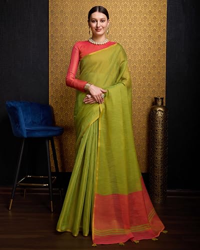 Image of SWORNOF Women's Linen Cotton Silk Saree with Unstitched Blouse Piece | Saree for Women | Saree with Blouse Piece | Soft and Skin Friendly