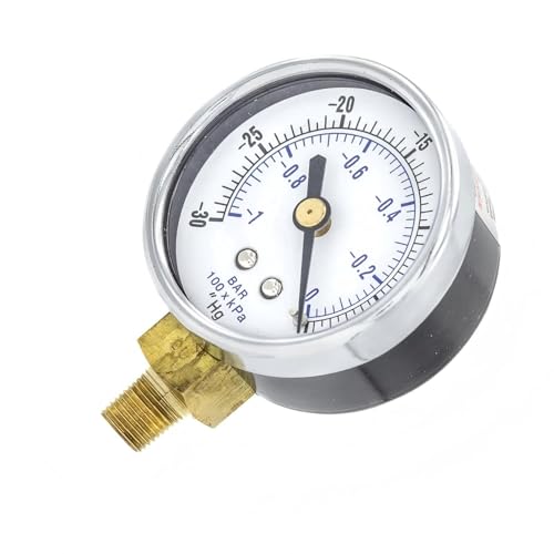 1/8" Male NPT Dry Lower Mount Vacuum Gauge with 2" Dial - 30" Hg VAC/0 PSI -30-0 PSI - for Commercial or Industrial Hydraulic & Pneumatic Systems - Compressor Pressure Gauge Replacement