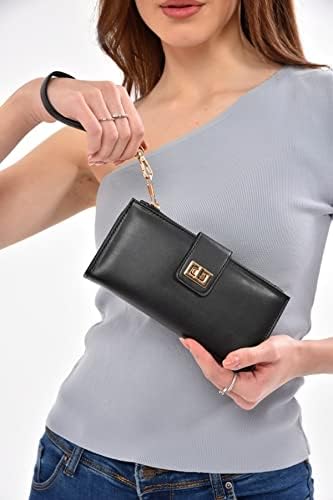 Av A Dos Kadın Deri Siyah Telefon Nakit Bozuk Para Bölmeli Kartlık Kilitli Bilek El Askılı Portföy Cüzdan - Görsel 4