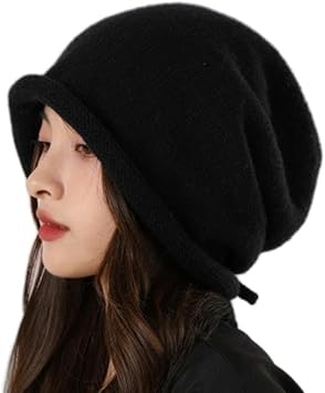 Knitted Hat Womens Large Head Drawstring Curled Edge Knitted Beanie Hat