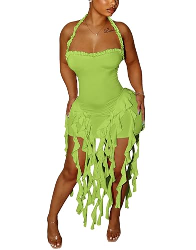 Image of Aro Lora Womens Sexy Halter Neck Sleeveless Ruffle Tassel Party Club Bodycon Mini Dress