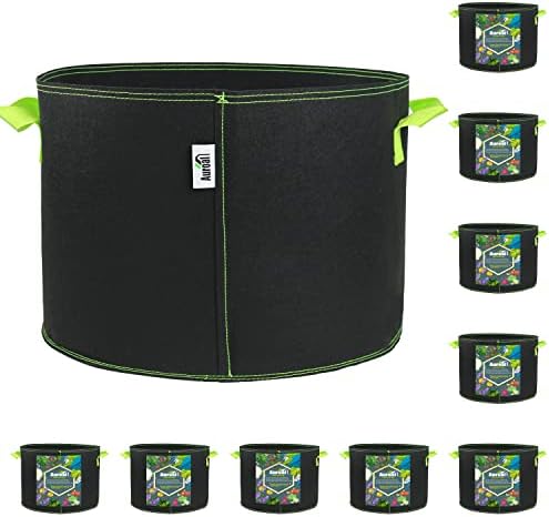 Auroal 10-Pack 10 Gallon Plant Grow Bags, Round Plant Grow Bags, onwoven Fabric Pots with Handles, Breathable Potato Tomato Planter Pots for Outdoor Vegetables Plant Flowers(Black)