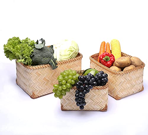 Homedy Crafts Bamboo Storage Bins Set Of 3, Handmade Decorative Woven Basket Organizer For Kitchen, Bathroom, Shelf Toy Rustic Home Decor, Natural Rectangle Wicker Organizer Baskets (Bamboo Natural) #TOP5