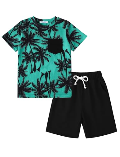 Image of GERU Boy Shorts Sets Hawaiian Outfit Kid Leaves Floral Short Sleeve Shirt Top+shorts Suits