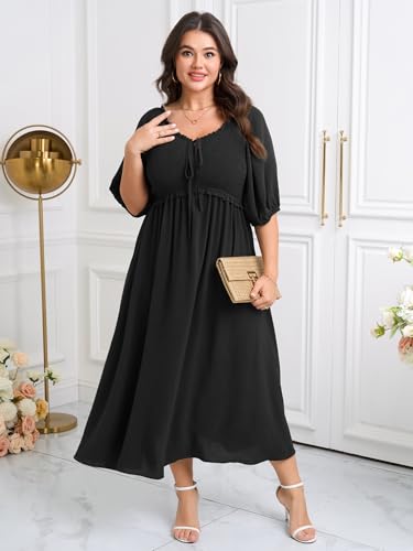 Image of CICIDUDU Women's Plus Size Maxi Dress Wedding Guest Half Sleeve V Neck Bowknot Smocked Milkmaid Flowy Dresses for Women